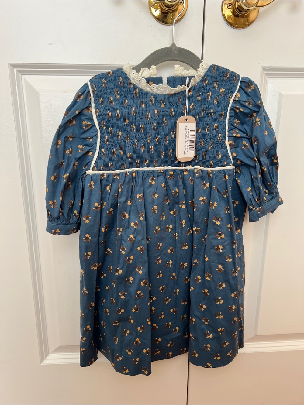 Smocked Navy Floral Dress with Lace Trim - Girls